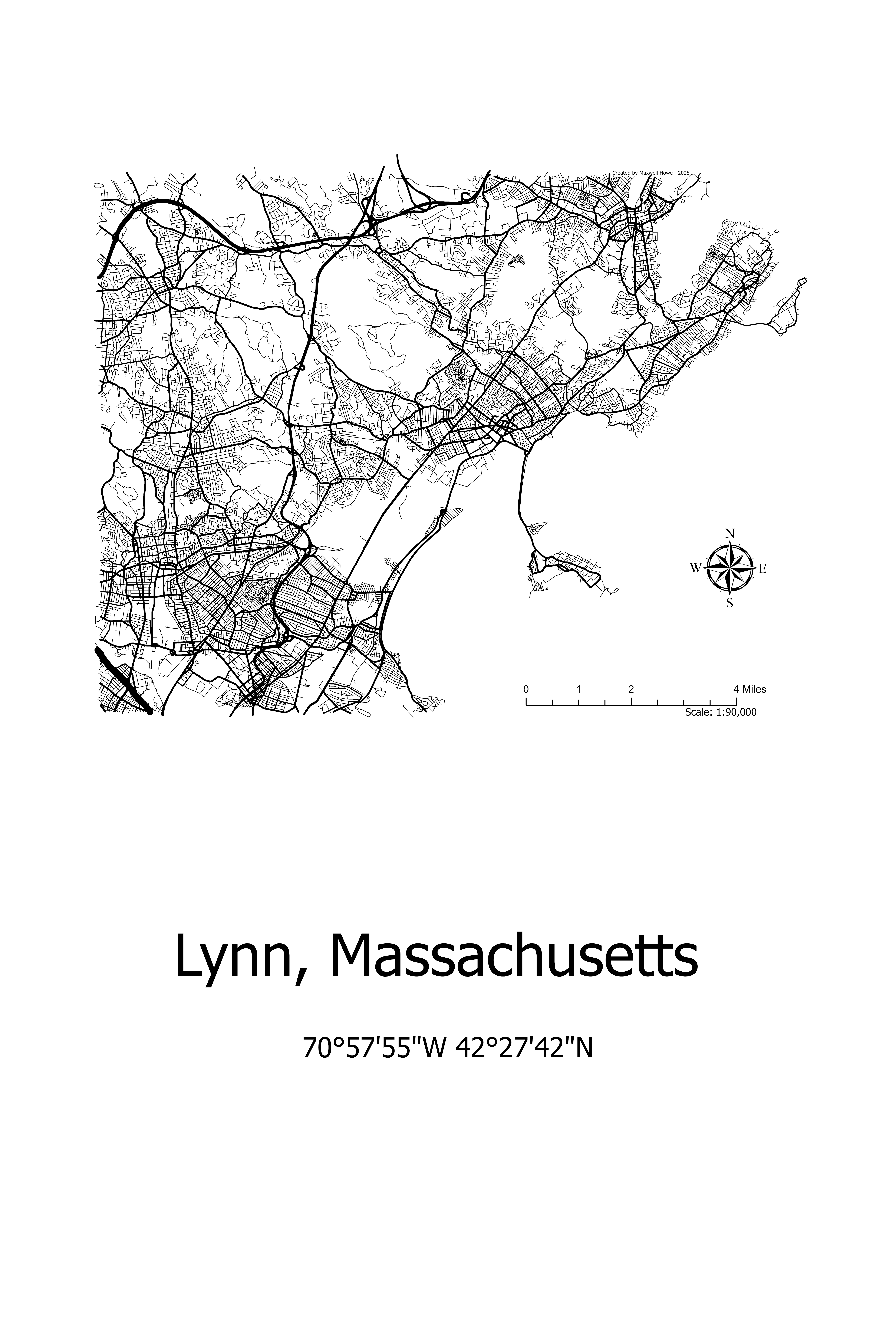 Minimalist street-map poster of Lynn, Massachusetts