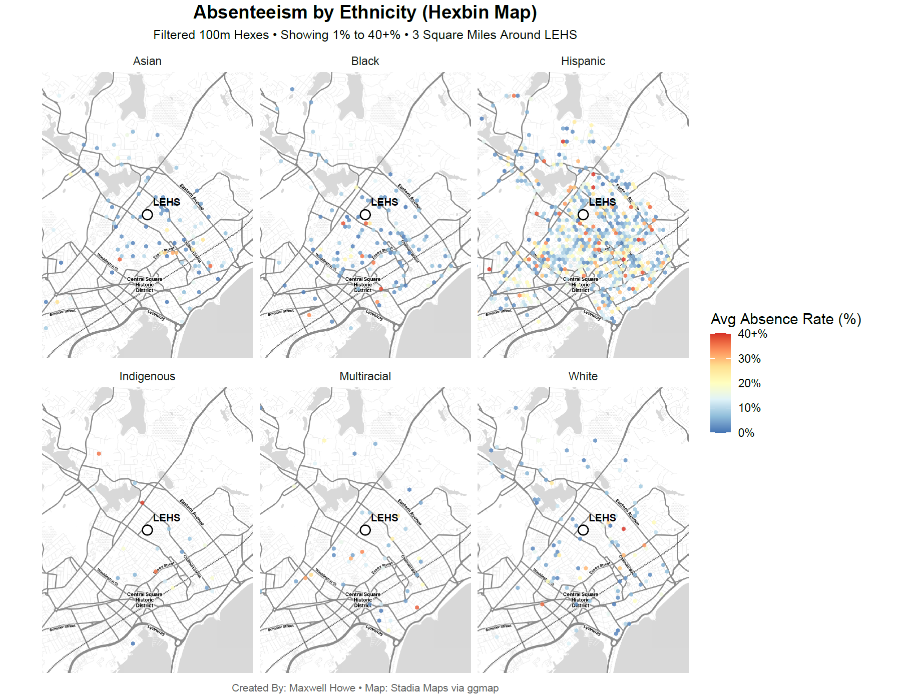 Six-panel small multiples of absenteeism by ethnicity around Lynn English HS
