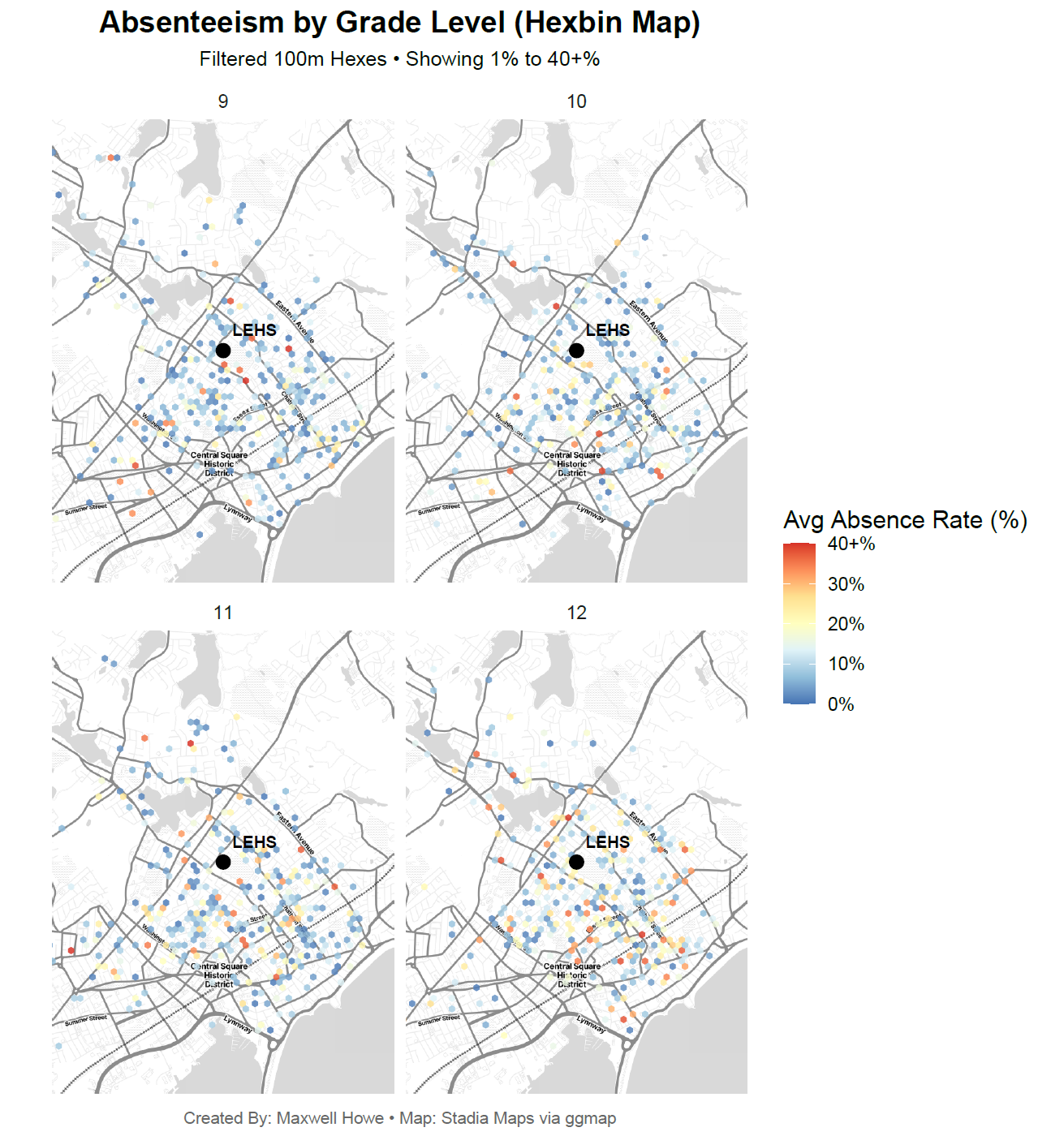 Four-panel small multiples of absenteeism hexbins by grade level at LEHS