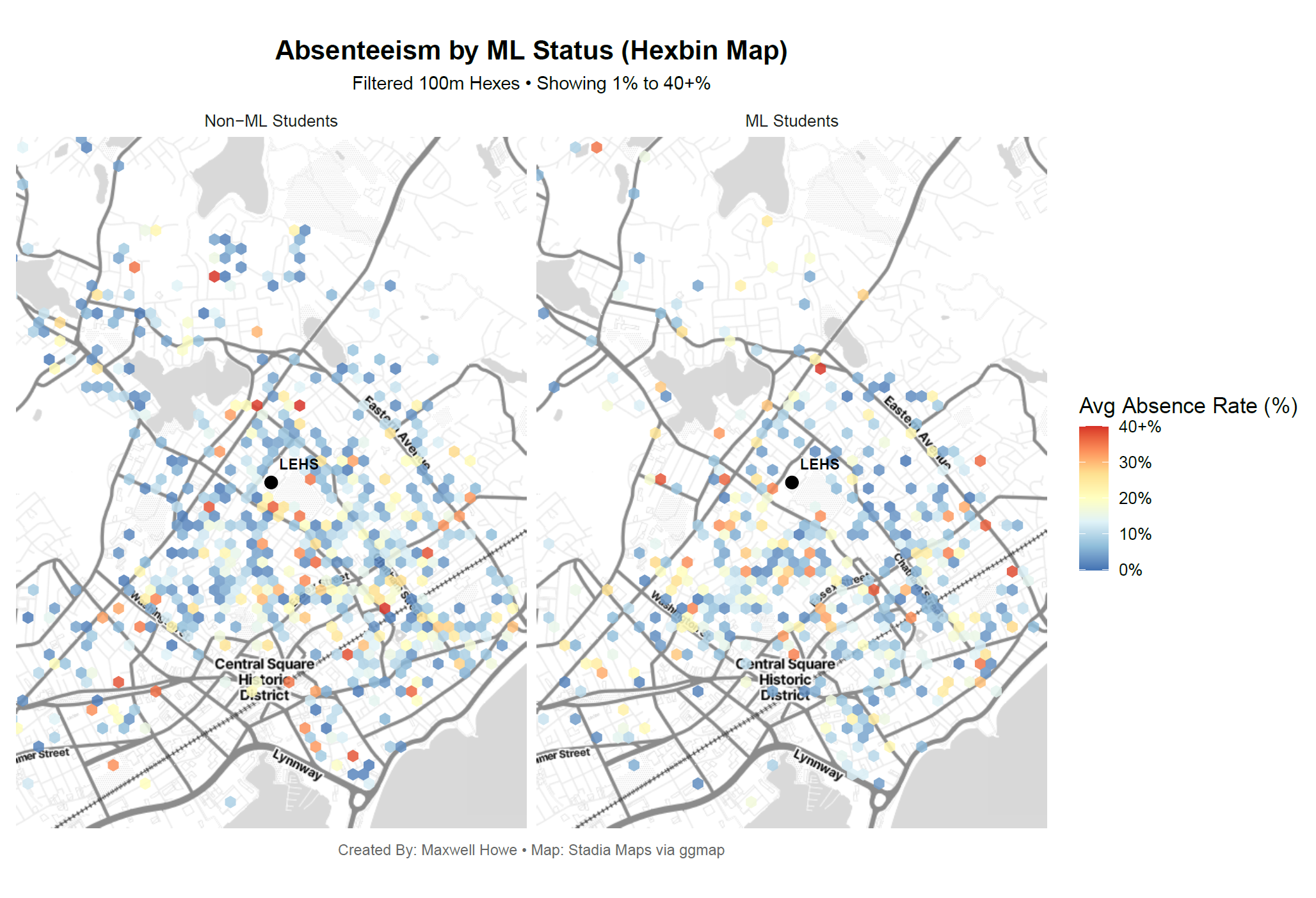 Side-by-side hexbin map: ML vs non-ML student absenteeism around Lynn English HS