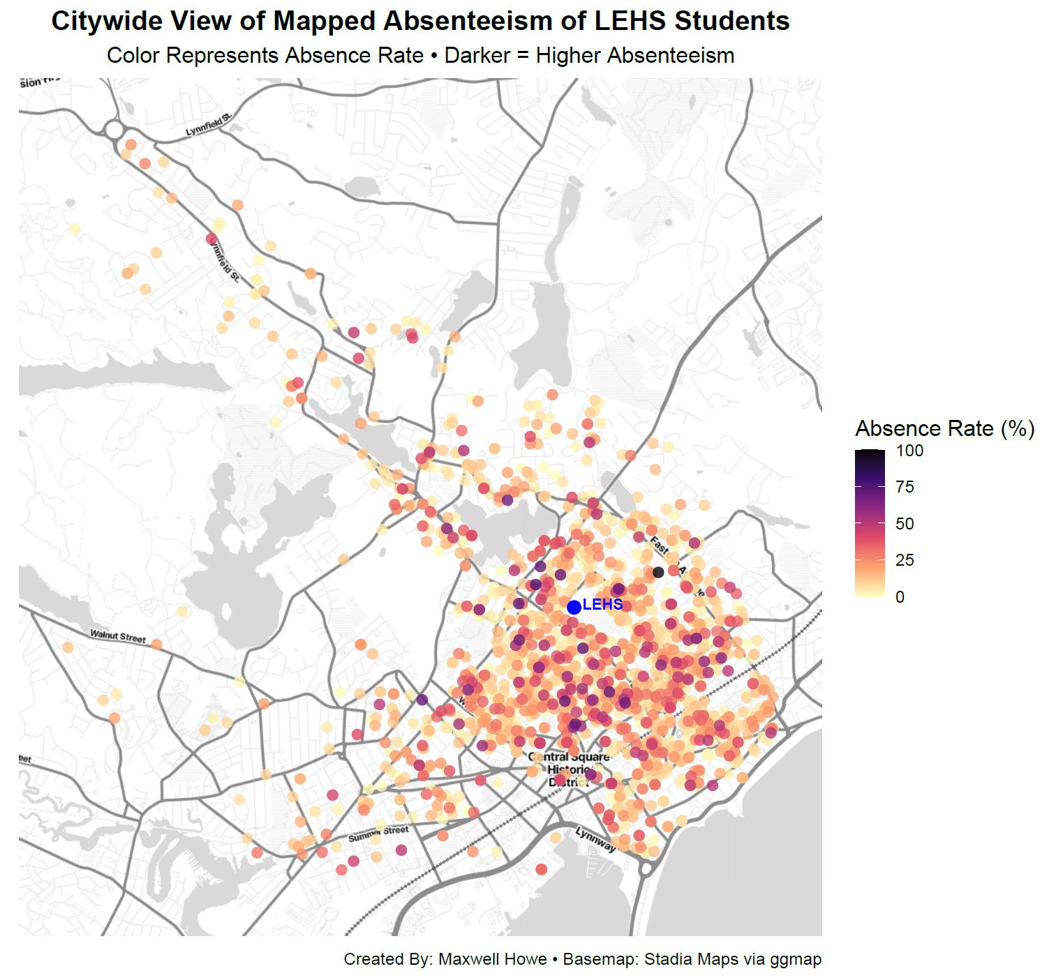 Citywide absenteeism dot map for Lynn English HS students