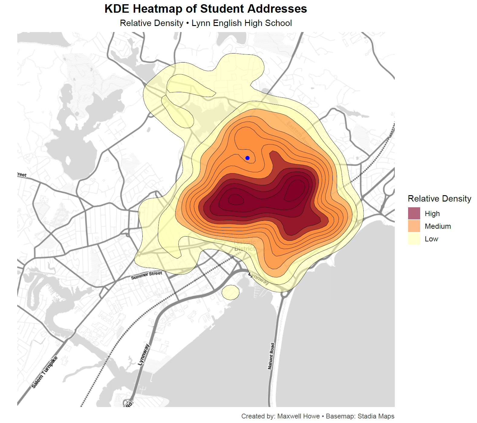 KDE heatmap of student addresses around Lynn English High School