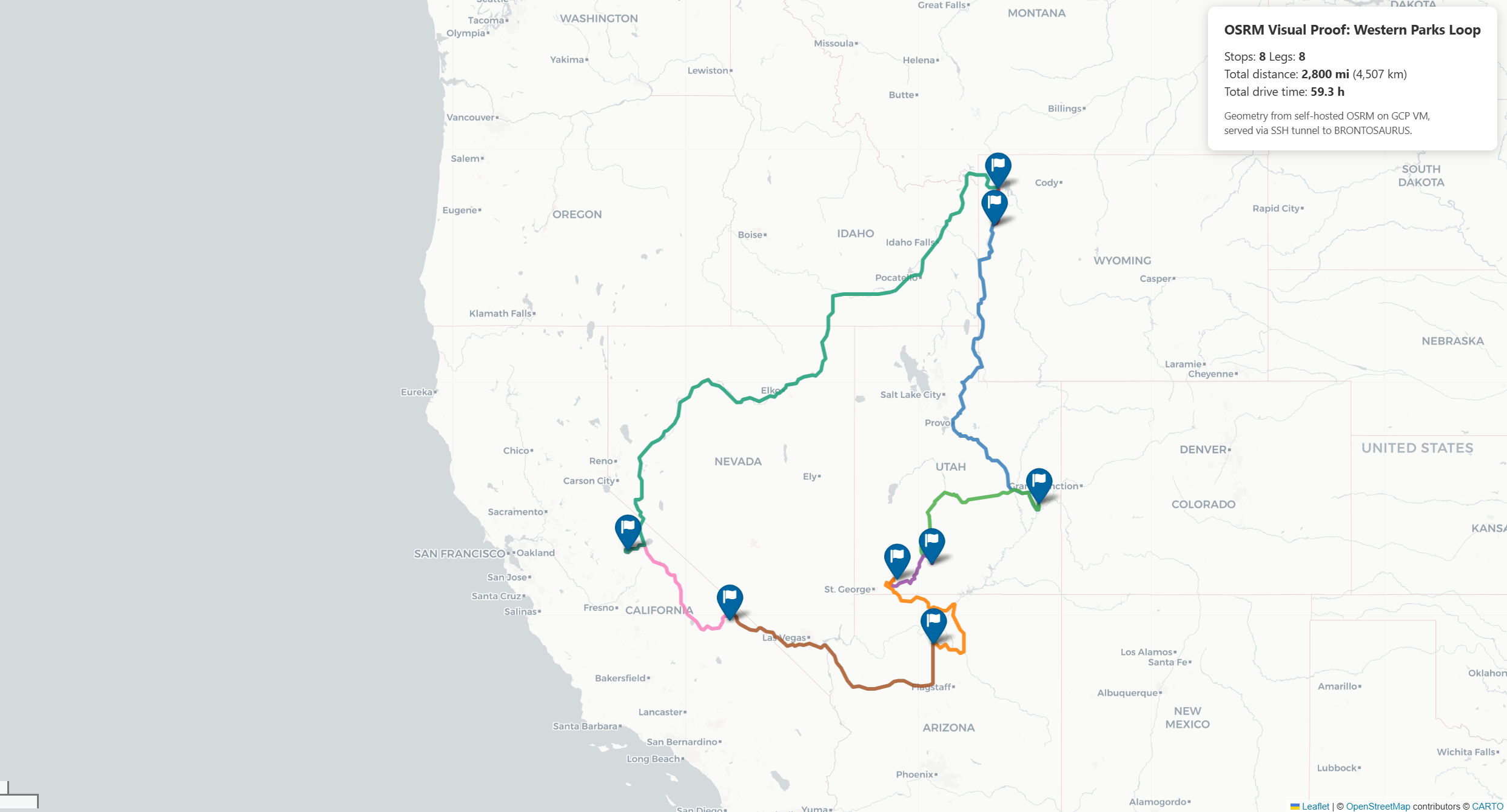 Eight-stop Western US parks loop routed on self-hosted OSRM
