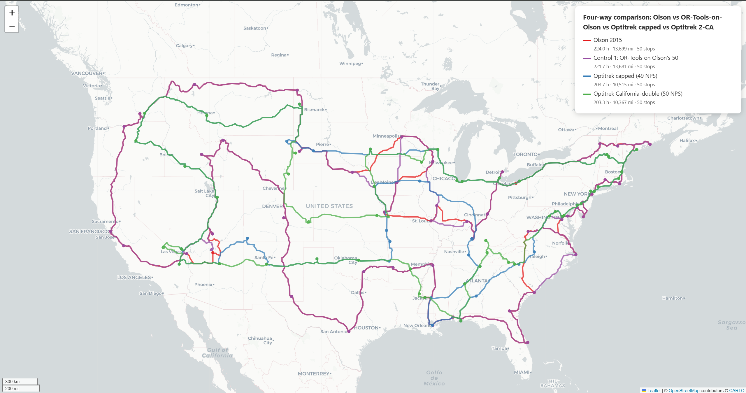 Four routing solutions overlaid on the same 50-stop tour