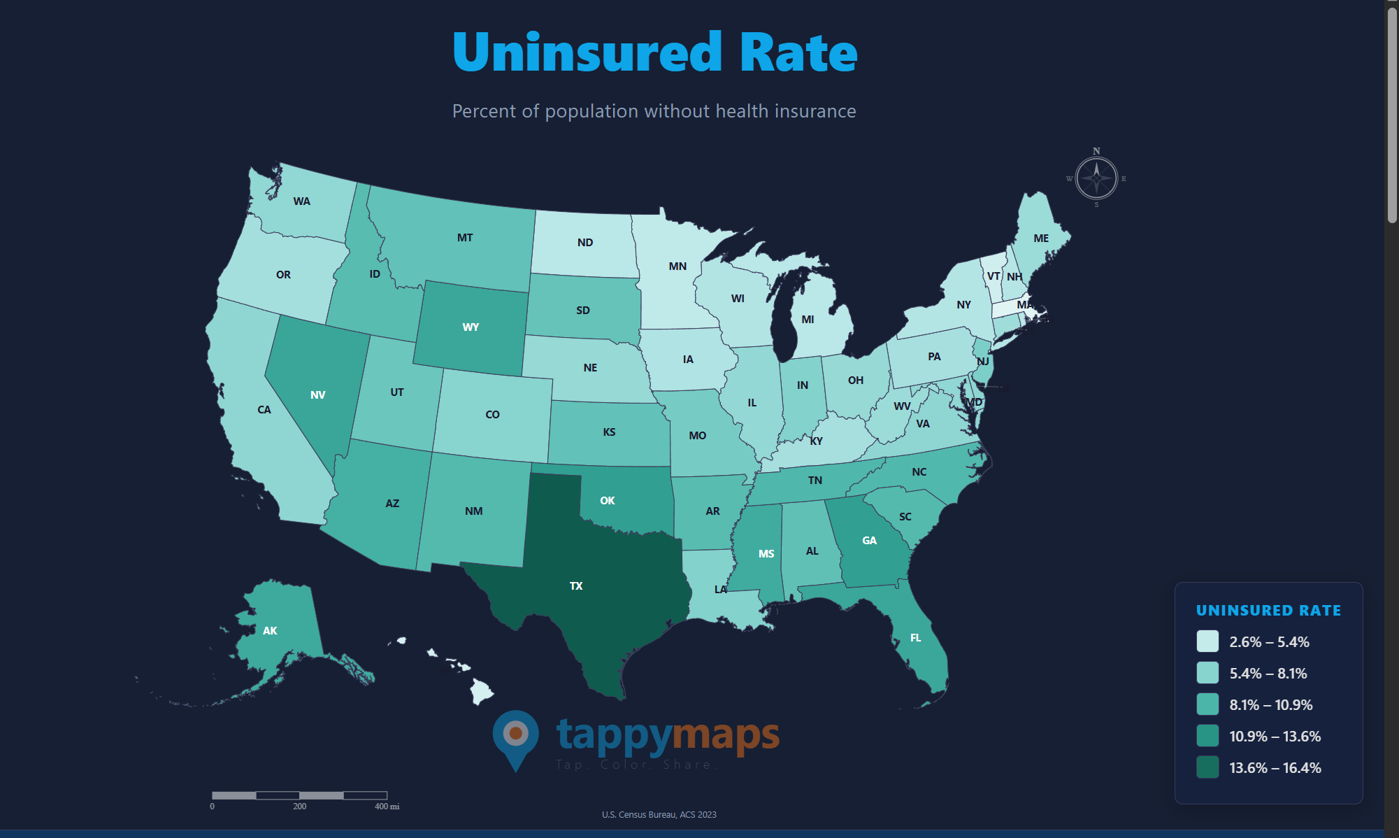 TappyMaps choropleth of US uninsured rate by state