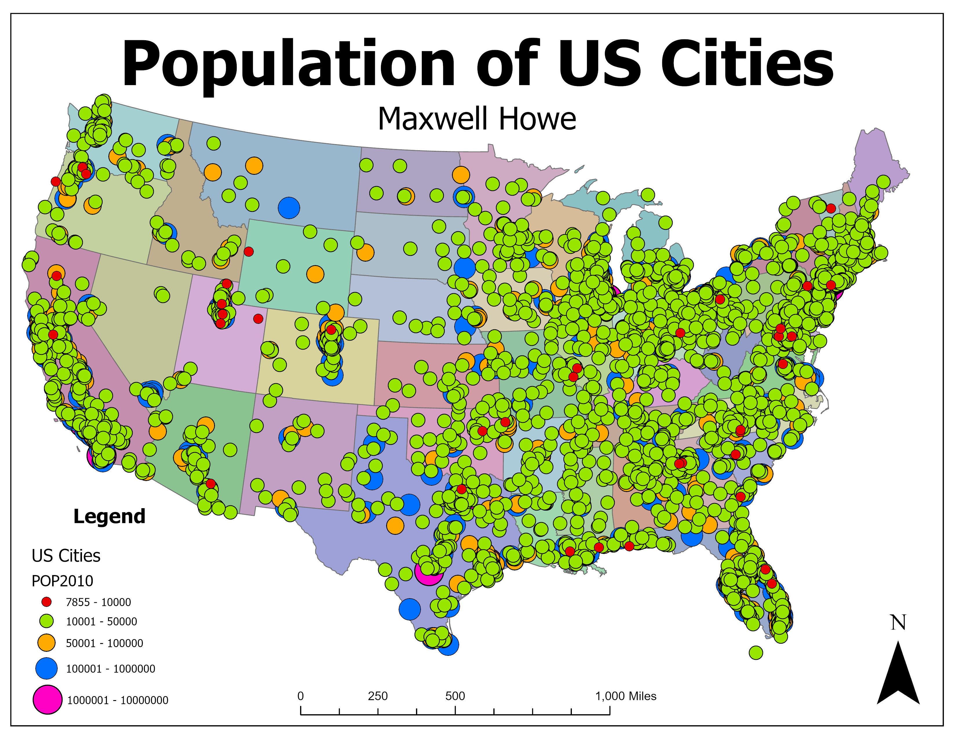 United States cities proportional symbol map