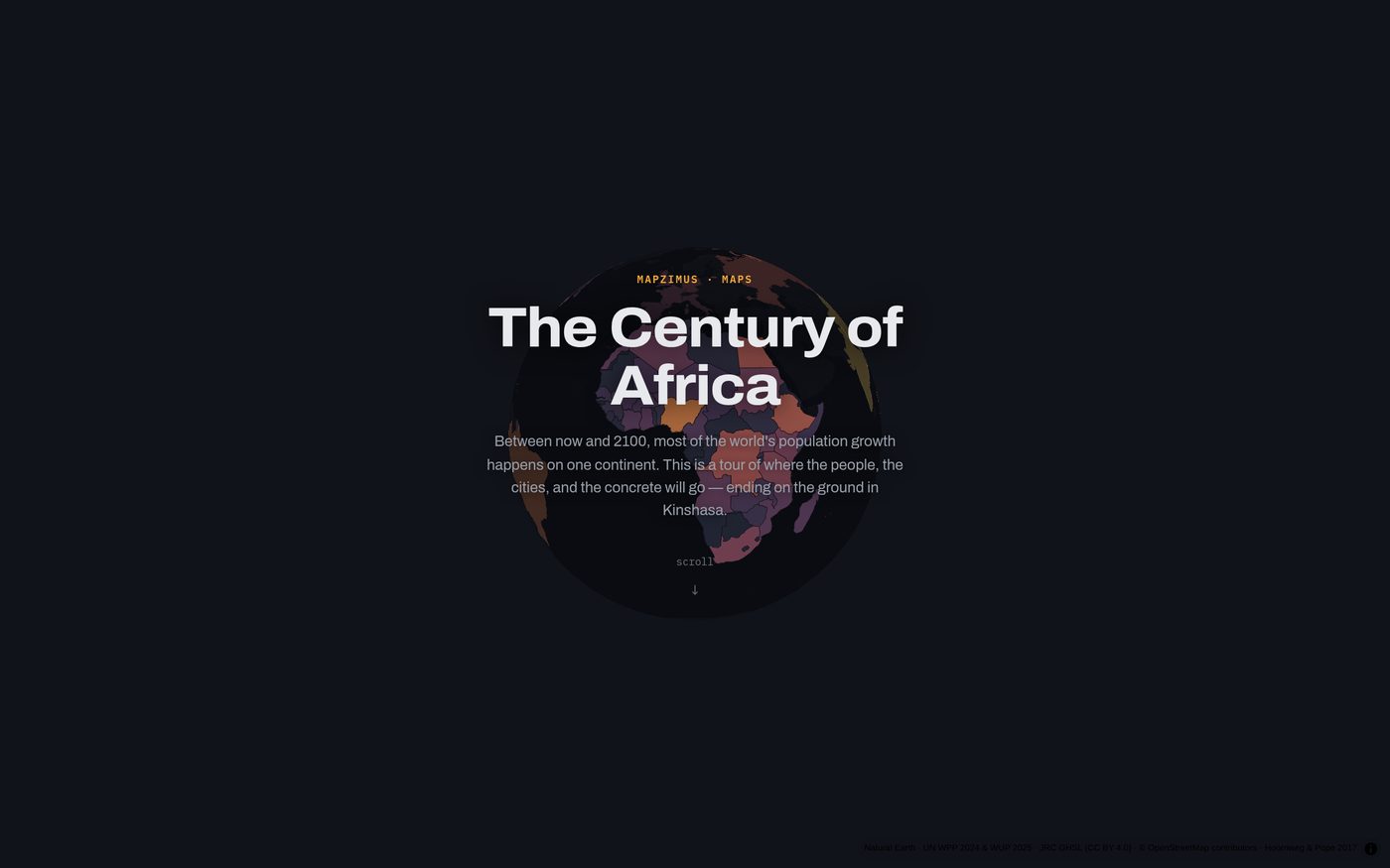 Opening frame — The Century of Africa on a dark MapLibre globe