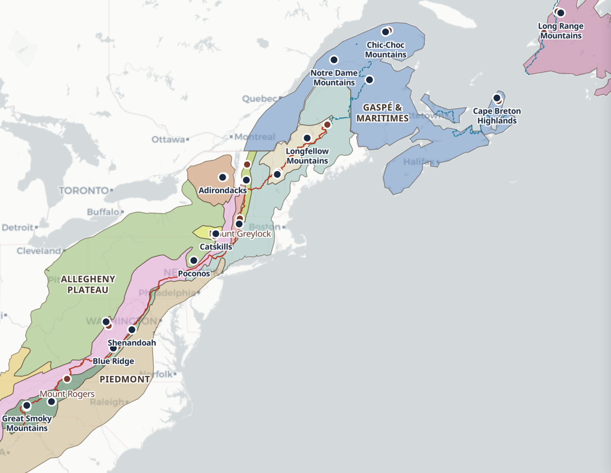 The entire range, Georgia to Newfoundland — fourteen geologic regions, major peaks, the Appalachian Trail, and the International Appalachian Trail into Canada