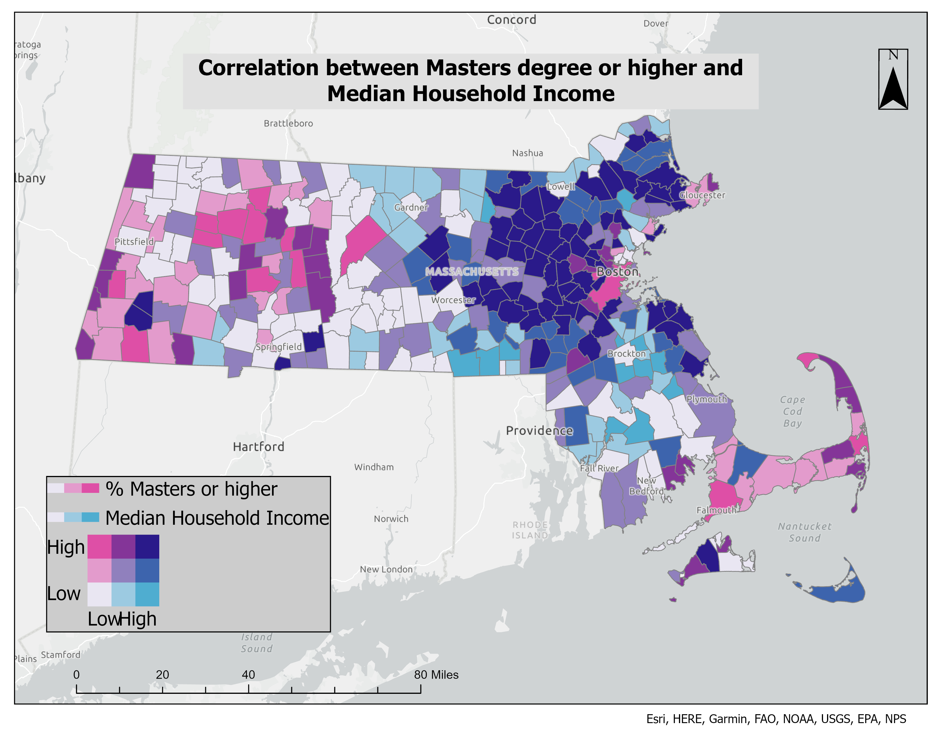 Education and wealth bivariate map — Massachusetts