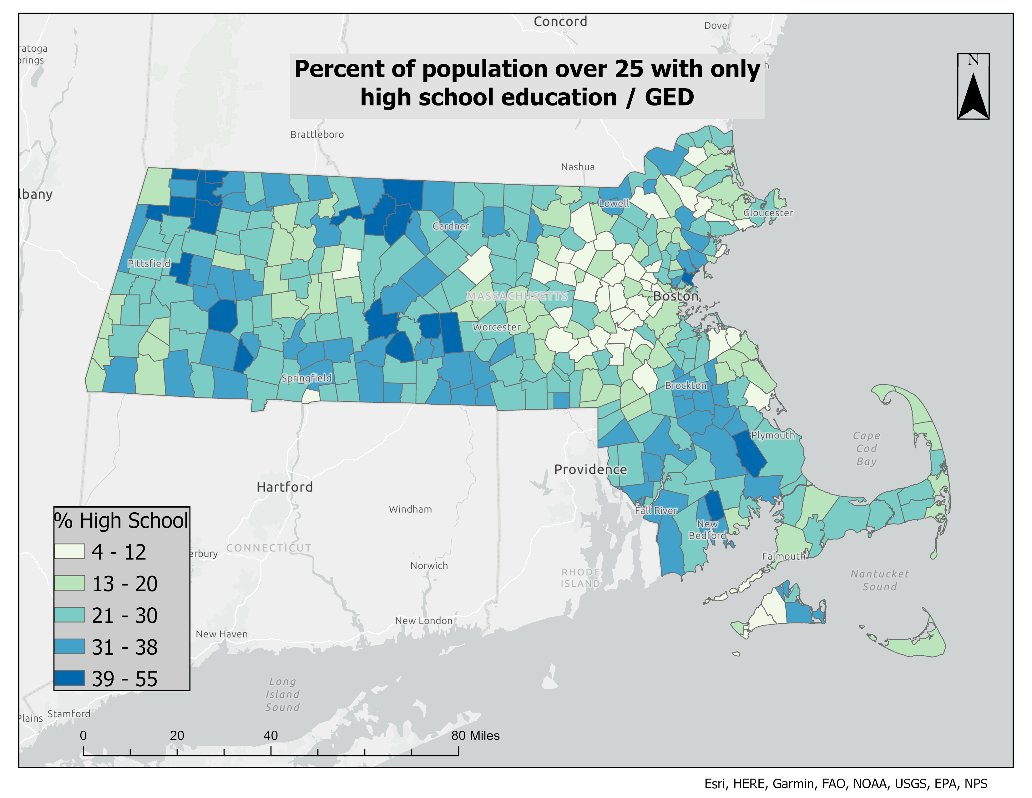 MA: % with Only High School or GED