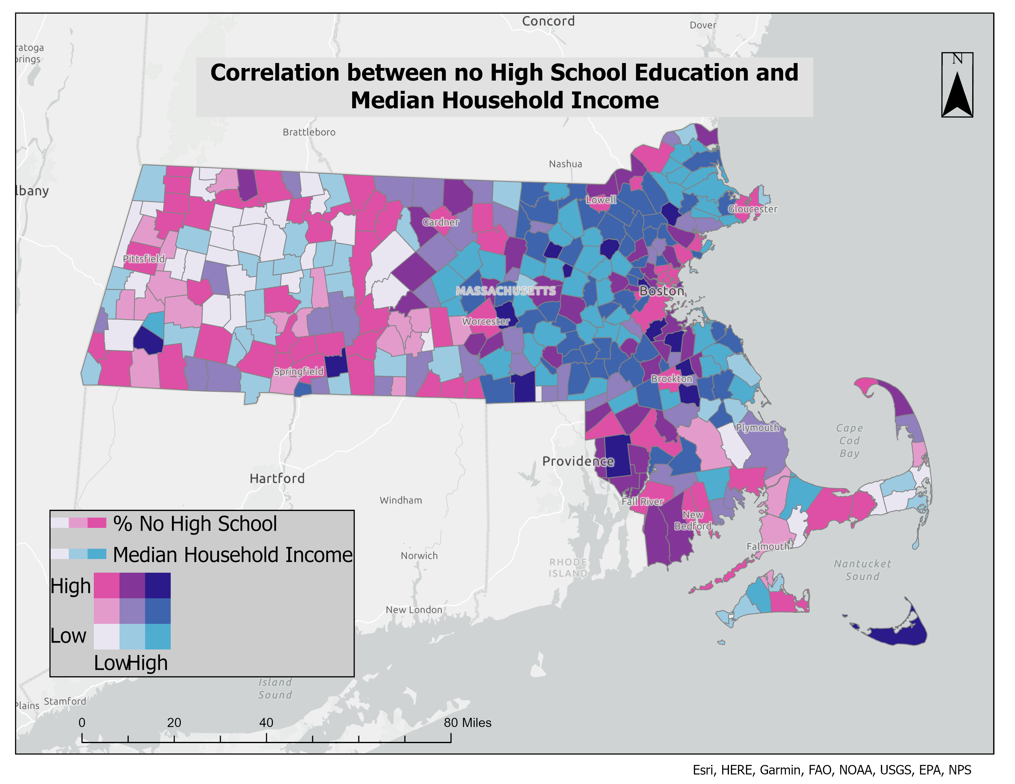 MA: No HS × Median Income (Bivariate)