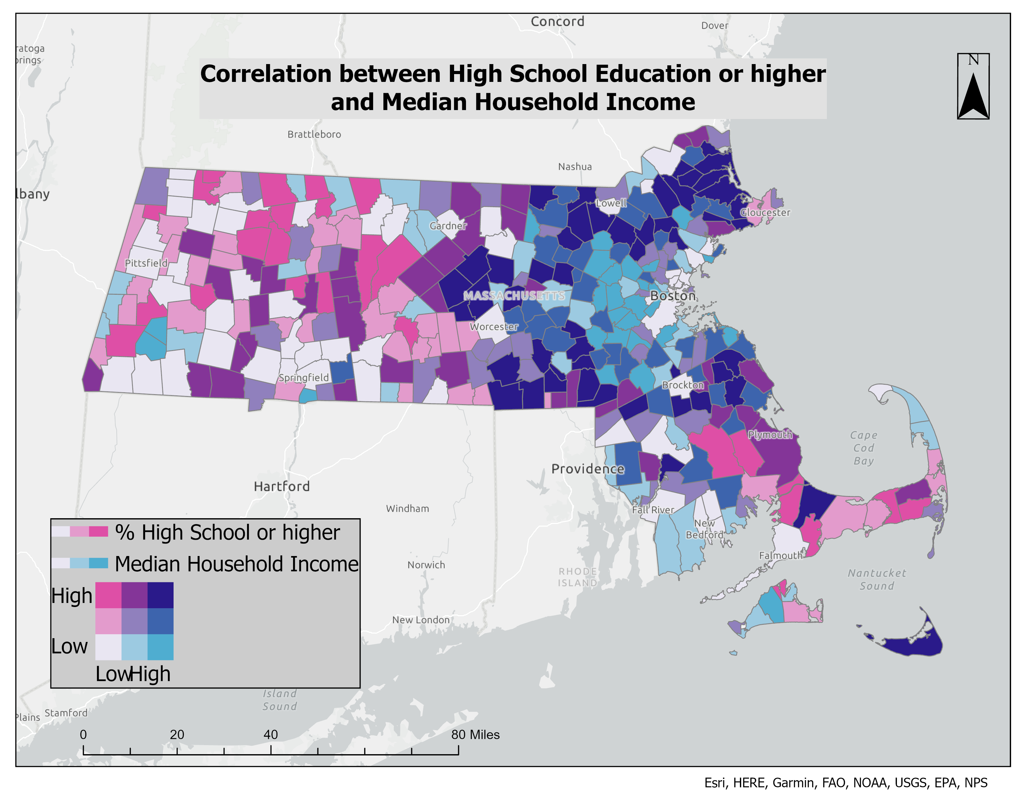 MA: HS-or-Higher × Median Income (Bivariate)