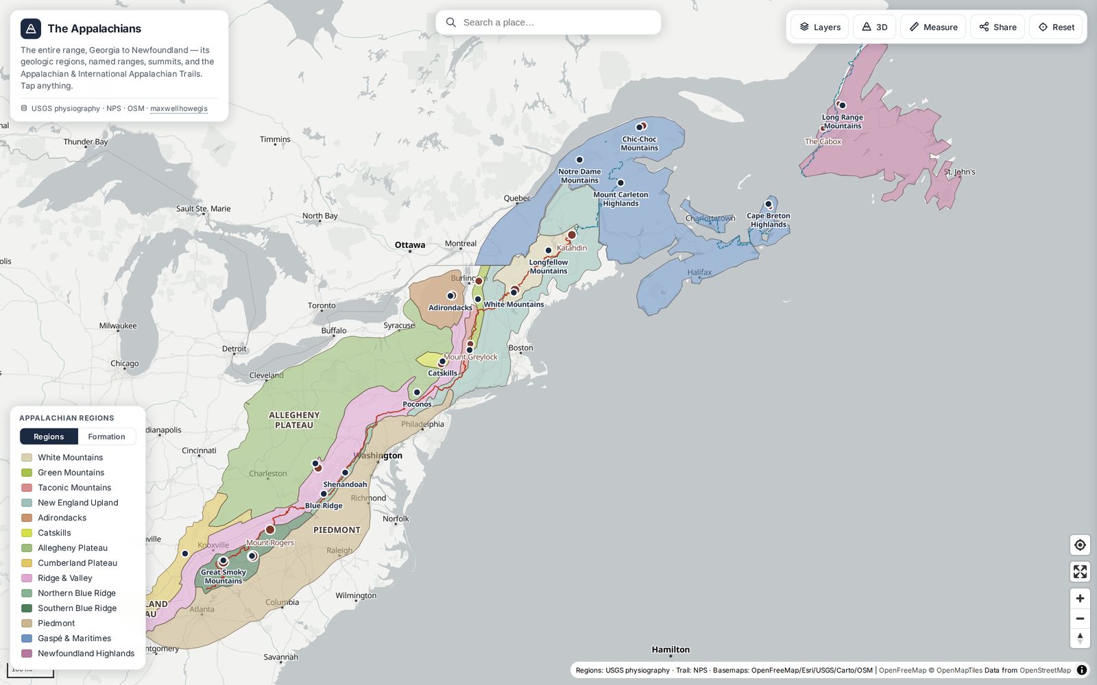 Live explorer UI — geologic regions, trails, and mobile-ready layer controls