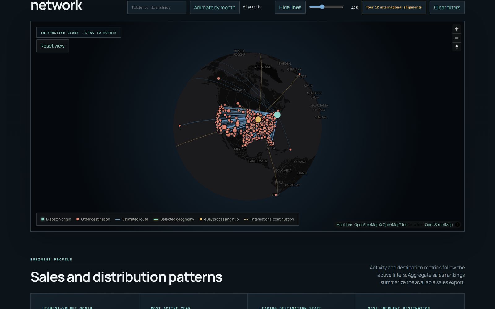 Interactive 3D globe — estimated routes from Salem to destination communities and international hubs
