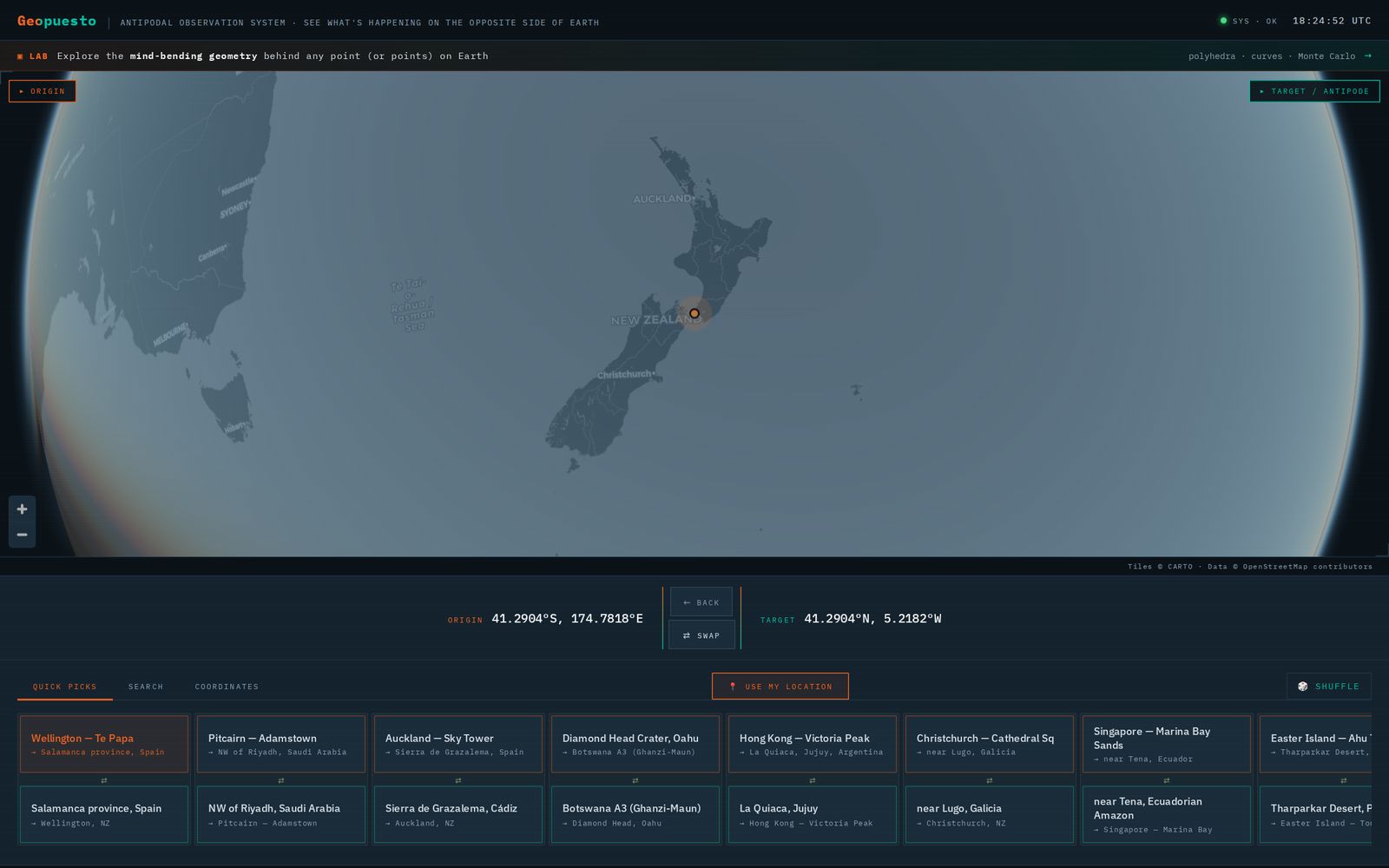 Active observation — Wellington selected; origin and antipode coordinates locked with swap controls