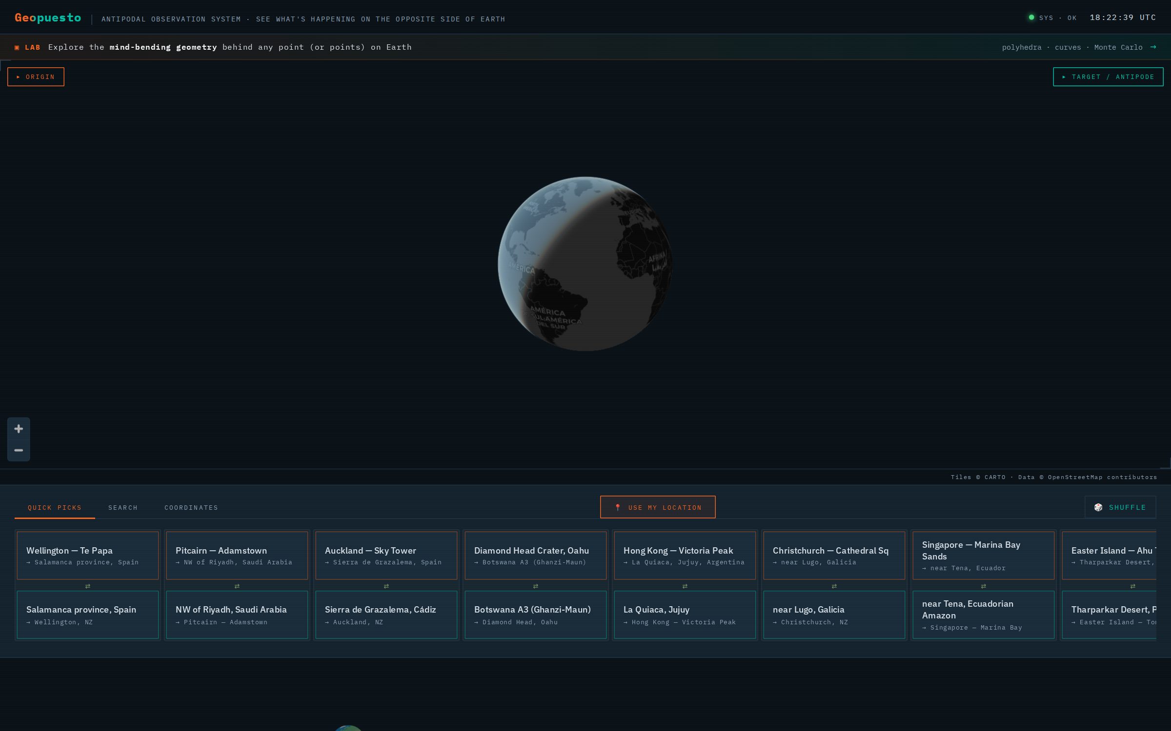 Landing view — dual-origin/target globe with quick-pick antipodal city pairs
