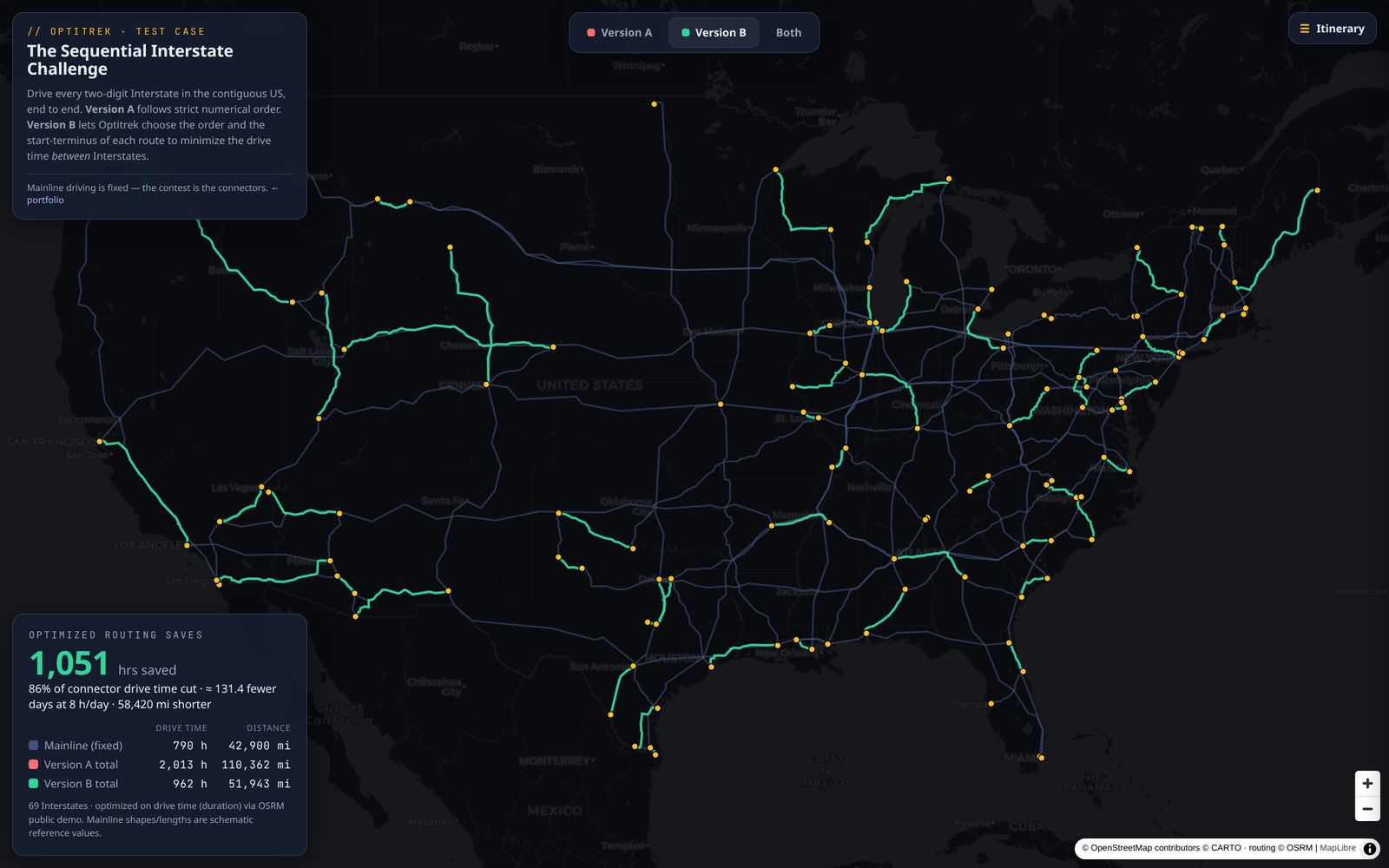 Sequential Interstate Challenge — interactive A-vs-B map comparing numerical order against the Optitrek-optimized route