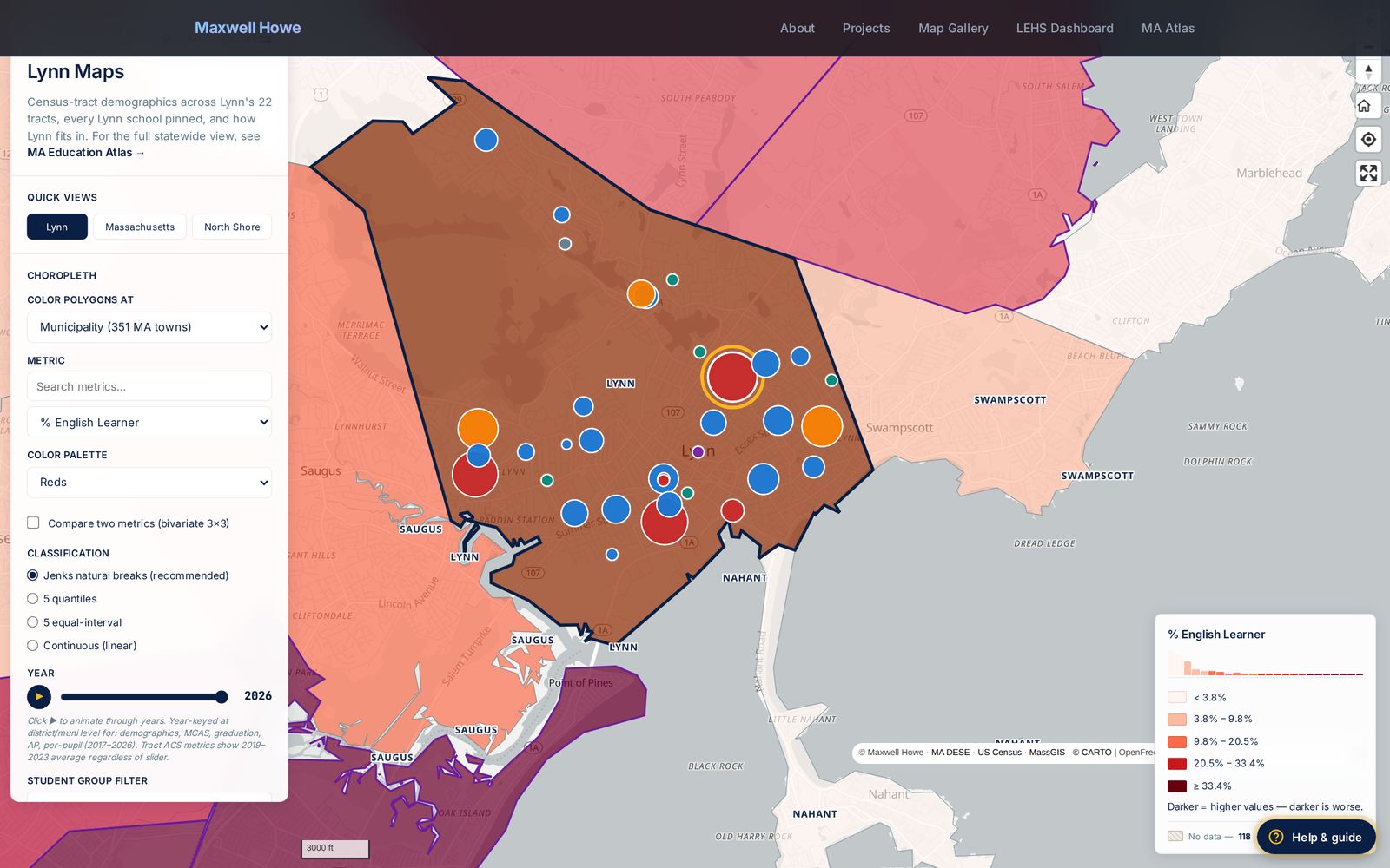 Lynn Maps — municipality choropleth for % English Learner with every Lynn school pinned