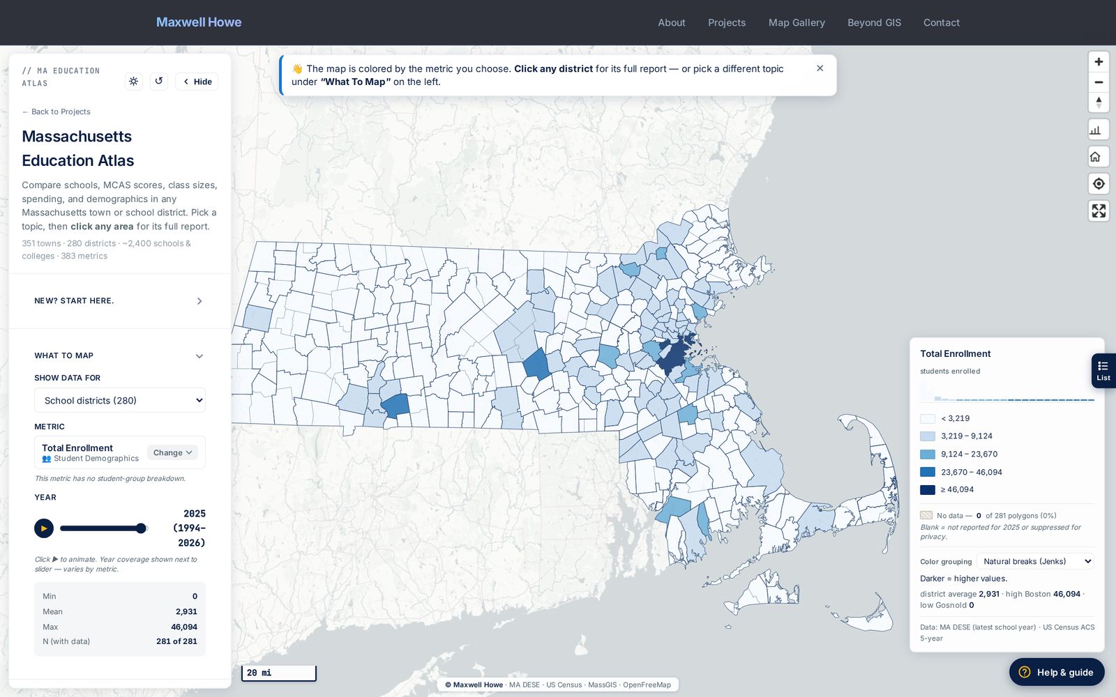 Live atlas interface — layer panel, classification controls, and sticky detail panel
