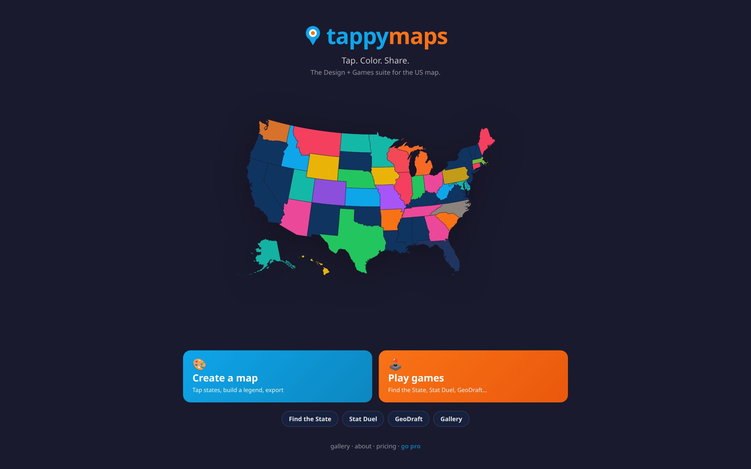 tappymaps.com home — Create a map and Play games entry points over a colored US base