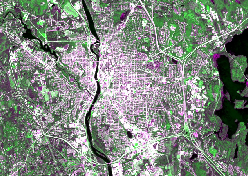 Manchester, NH — Landsat False-Color NIR, dense urban footprint