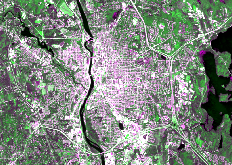 Manchester, NH — Landsat False-Color NIR, dense urban footprint
