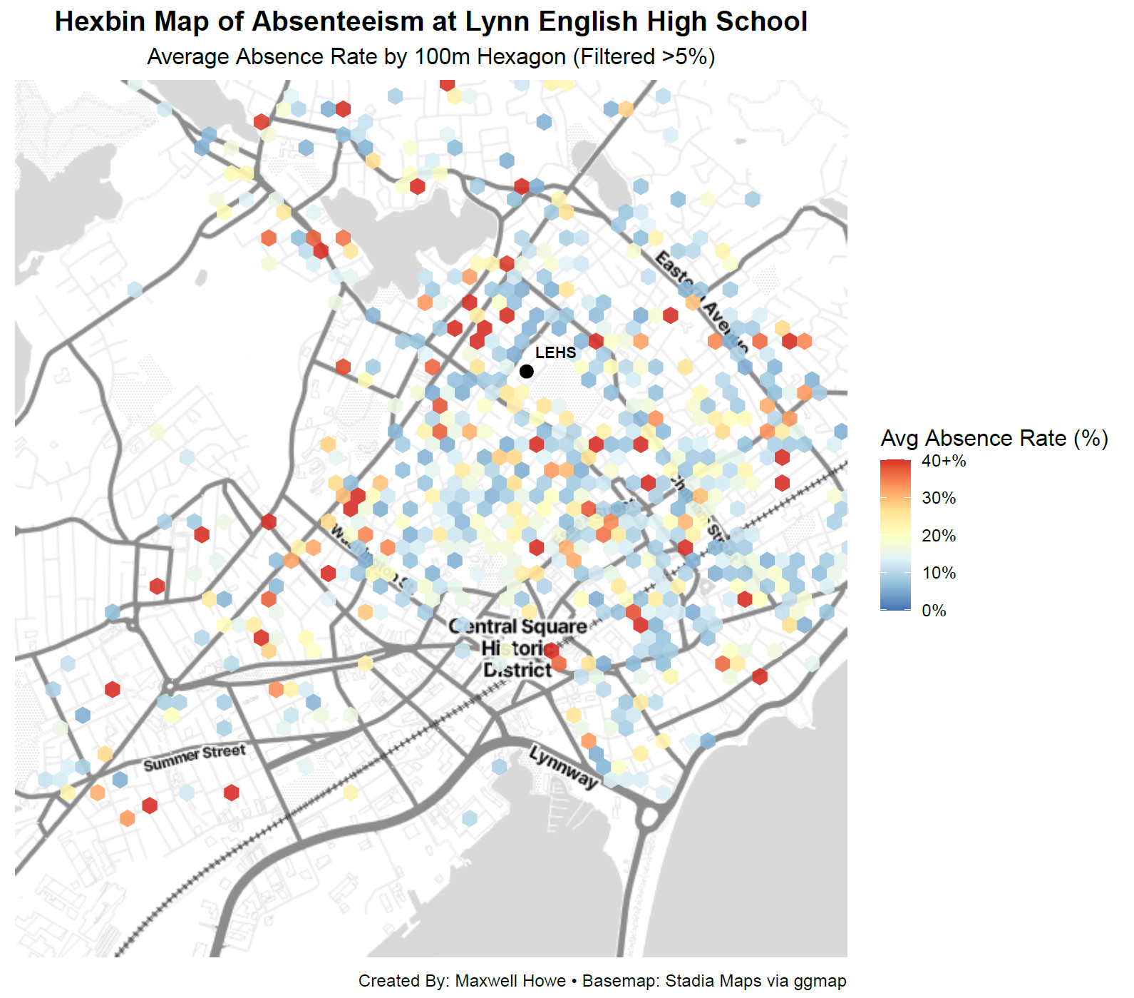 Hexbin map of absenteeism in Lynn Public Schools