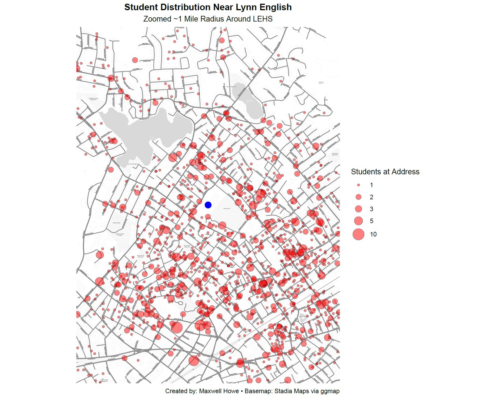 Lynn: Student Addresses near LEHS (1-Mile Zoom)