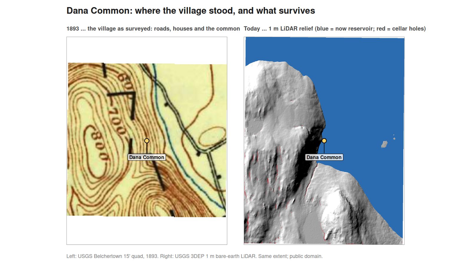 Dana Common — 1 m bare-earth LiDAR where streets and cellar holes remain above the pool