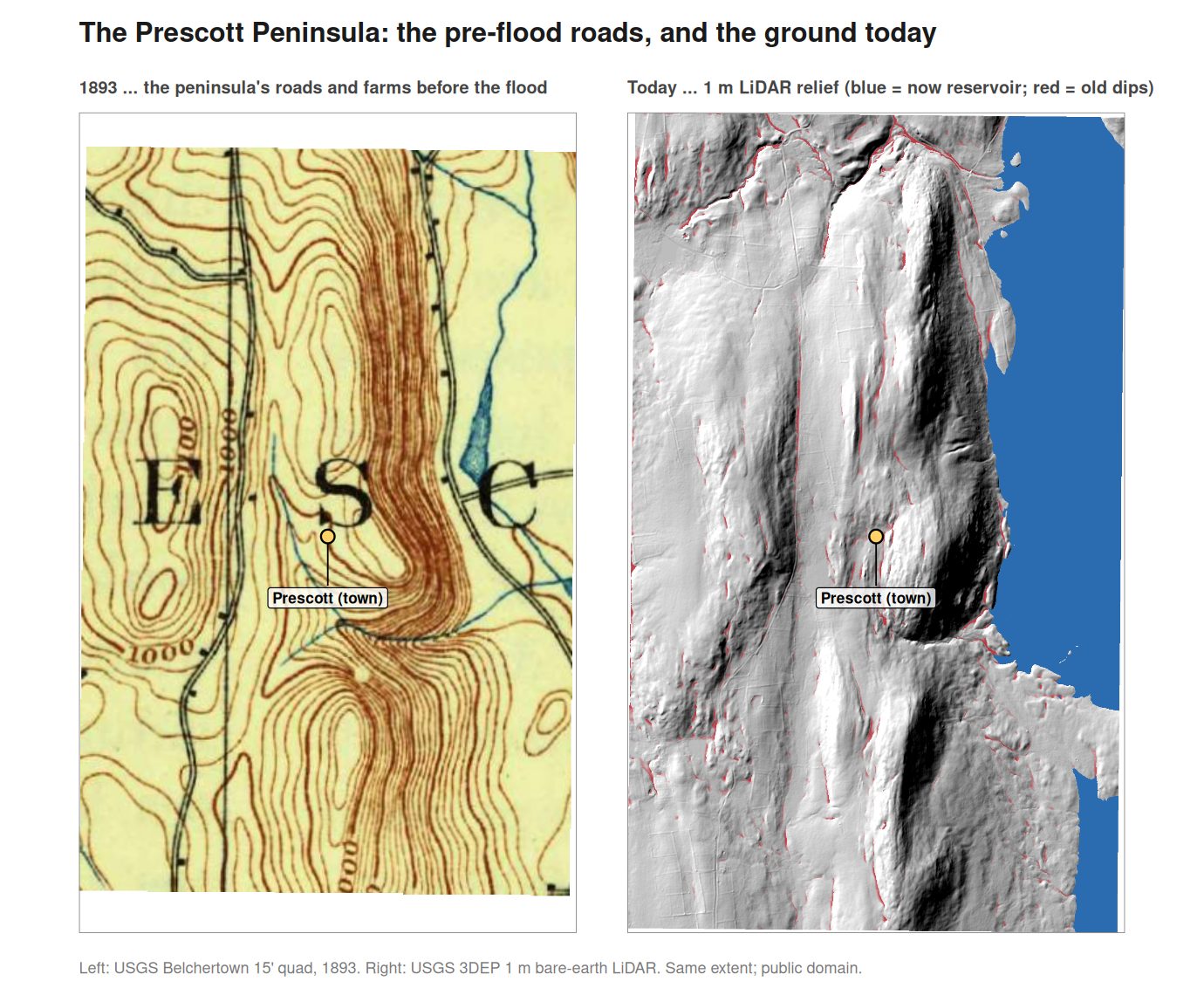 Prescott Peninsula — LiDAR imprint of the drowned village street plan