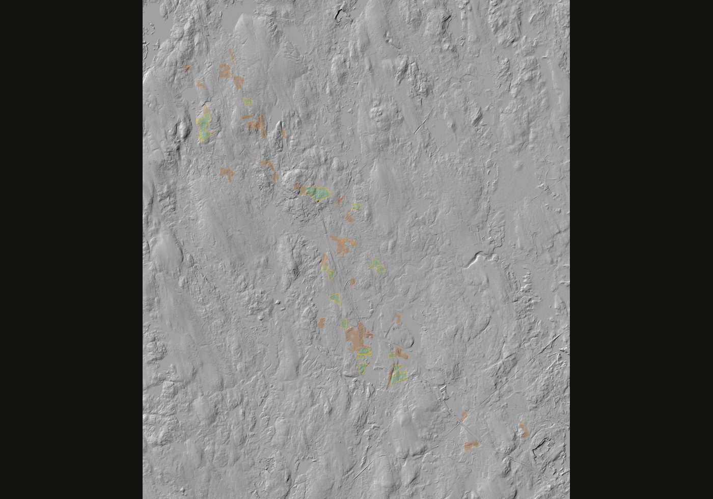2021 lidar hillshade of the I-495 corridor with all 54 screened parcels