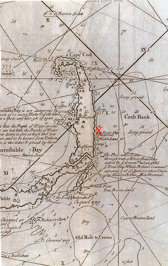 Cyprian Southack's 1717 manuscript chart of Cape Cod showing the Whydah wreck site marked with an X near Wellfleet, with annotations describing the Governor's order to salvage the ship.