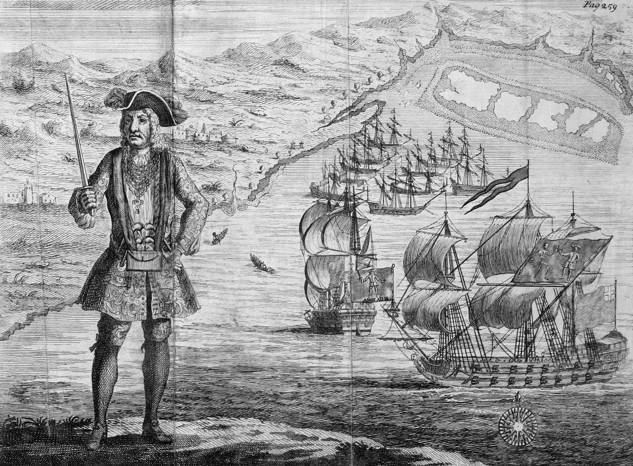 1724 engraving of Bartholomew Roberts standing on shore.
