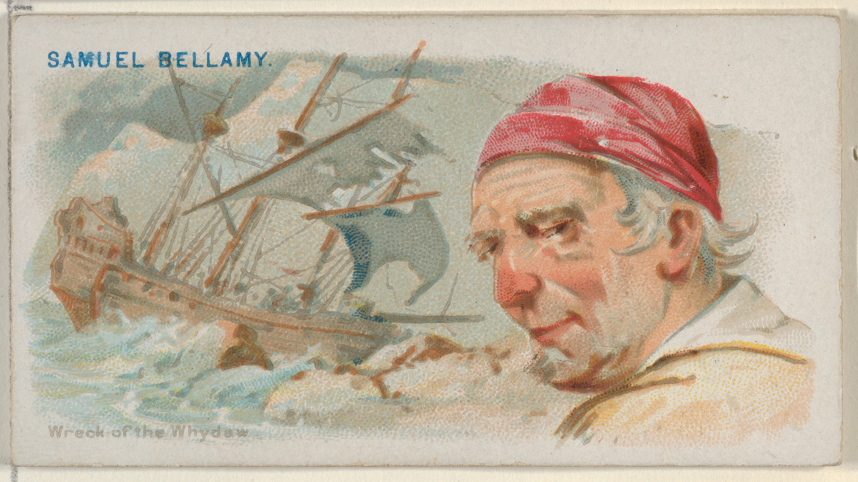 1888 Allen and Ginter cigarette card depicting Sam Bellamy in pirate attire with the Whydah wreck behind him.
