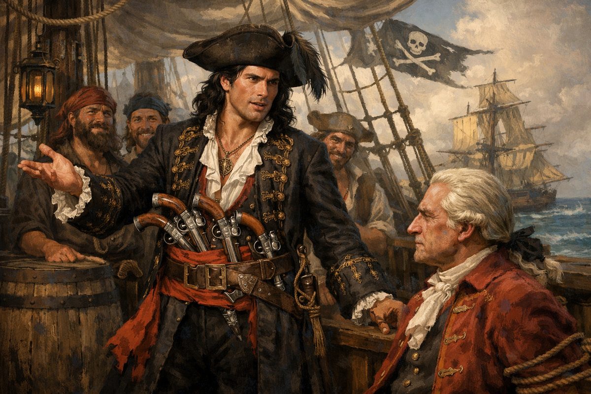 Artistic rendering of Sam Bellamy on the deck of his ship in confrontation with a captured captain, with multinational crew visible behind him.