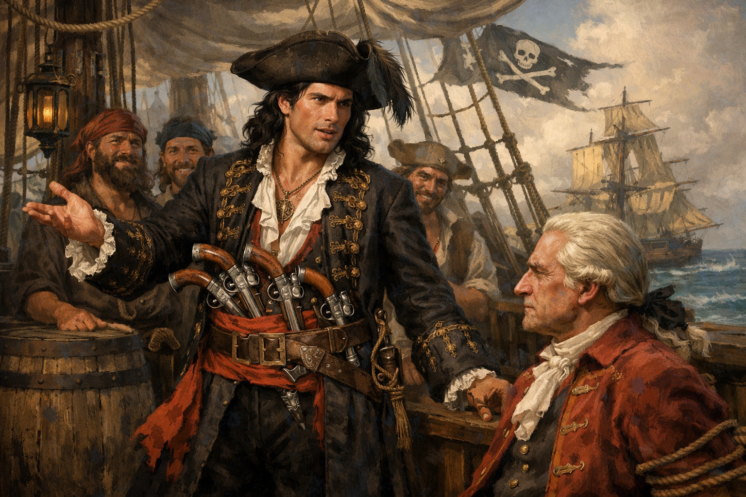 Artistic rendering of Sam Bellamy on the deck of his ship in confrontation with a captured captain, with multinational crew visible behind him.
