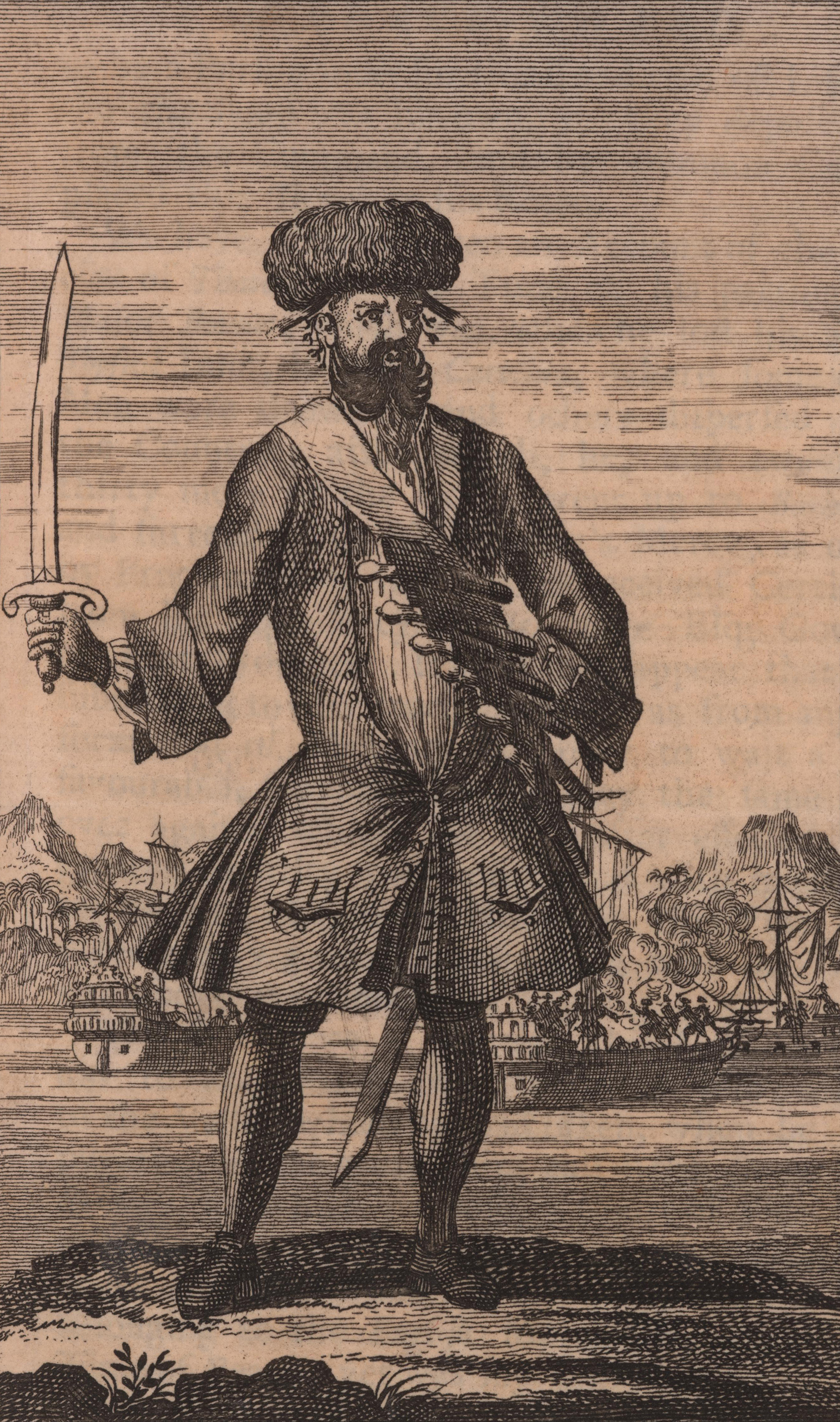 1724 engraving of Edward Teach (Blackbeard) heavily armed.
