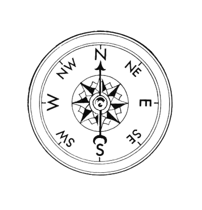 Mariner's compass with magnetized needle on a pivot.