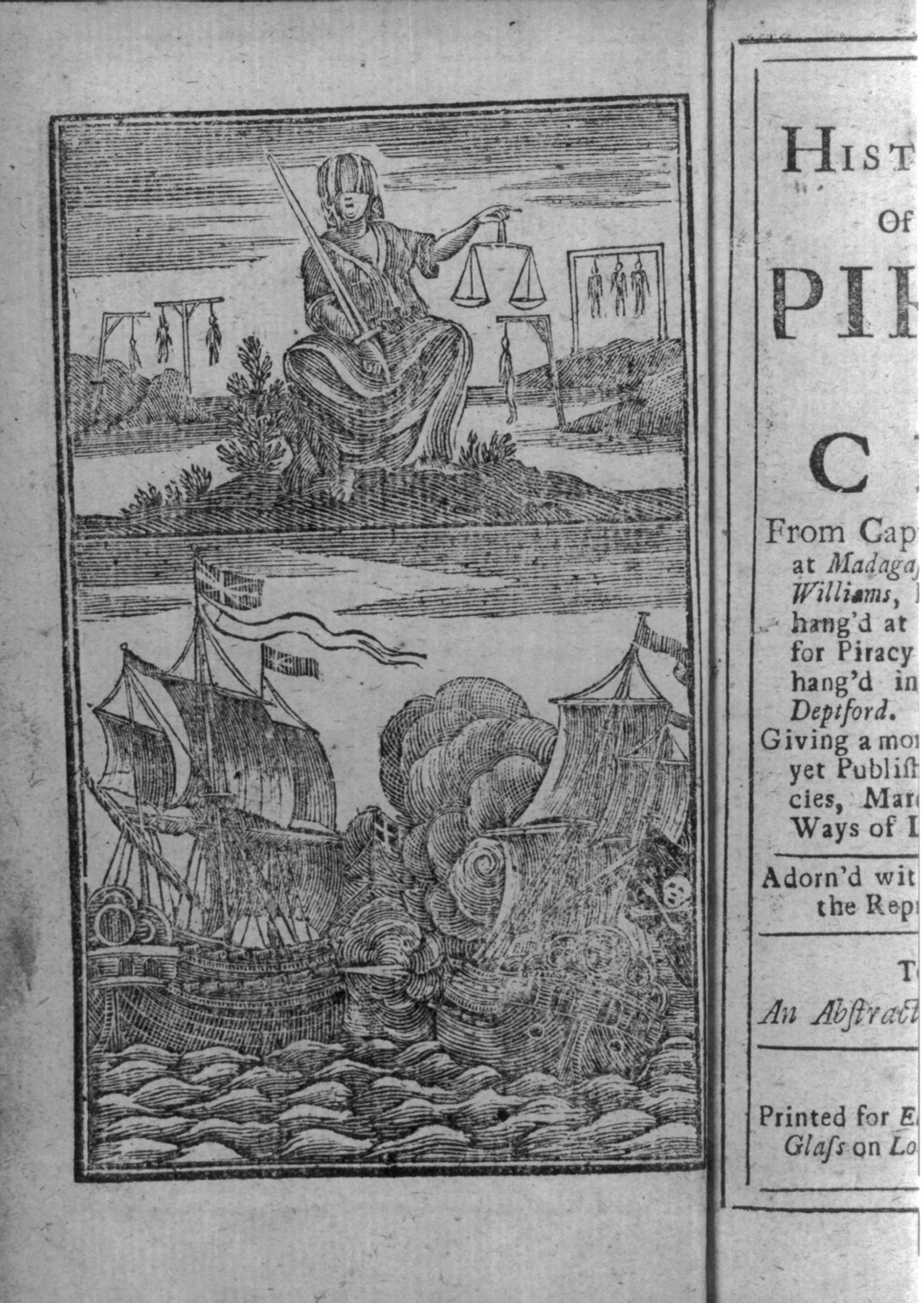 1724 frontispiece engraving: Blind Justice with sword and scales above a gallows of seven hanged men; below, a British warship and a pirate ship in close combat.