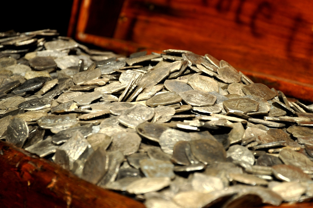 Spanish silver coins (pieces of eight) recovered from the Whydah wreck.